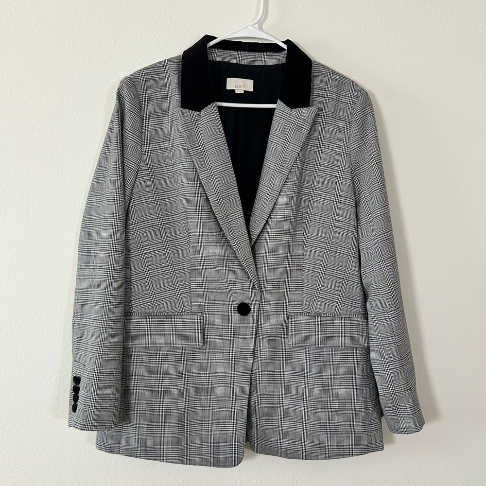 LOFT Womens Glen Plaid Blazer I Black White Velvet Collar Single Button‎ Size 12